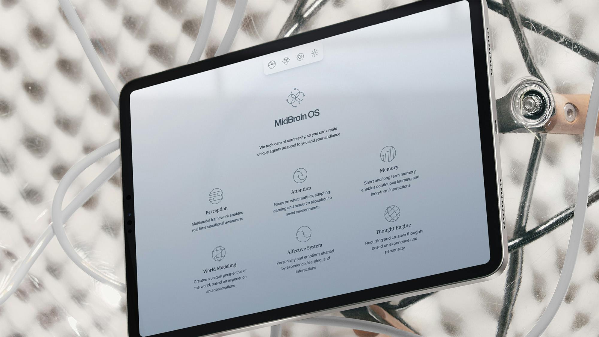 Landing page for an AI startup, displayed on tablet