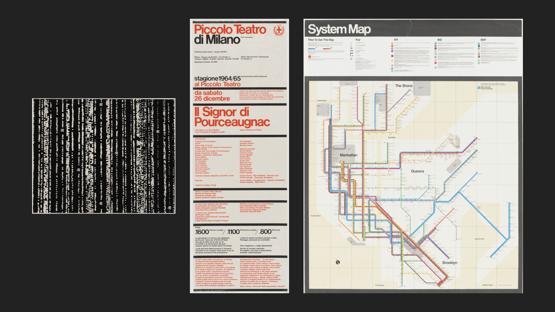 Left to right: wrapping paper for Italian retailer La Rinascente (1964), info sheet for Piccolo Teatro di Milano (1964), New York Subway Map (1970), courtesy MOMA.