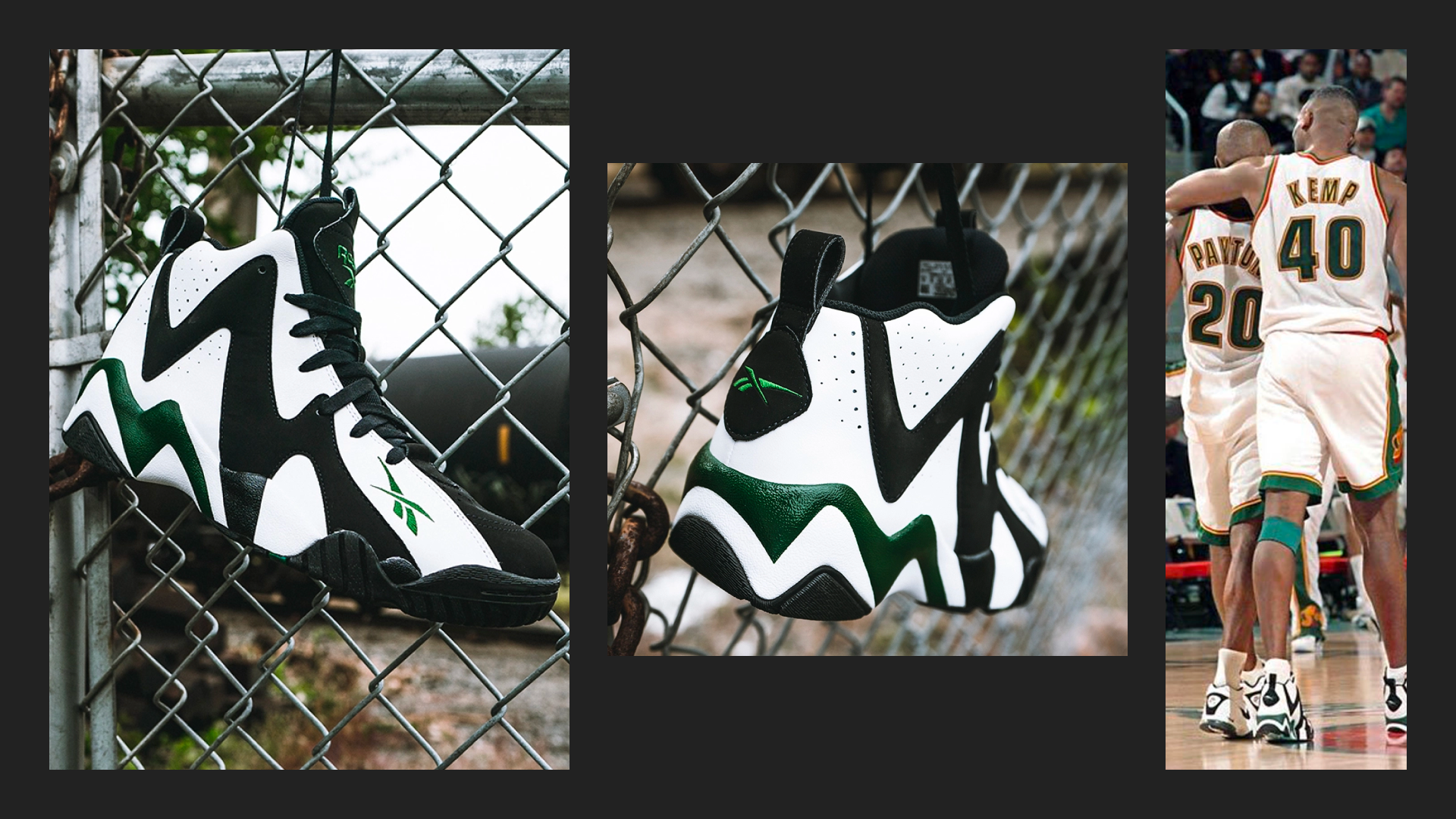 Left and middle: Reebok's 2020 reissue of the 1995 Shawn Kemp Kamikaze (source Reebok). Right: Shawn Kemp on court with his signature shoes (source unknown).