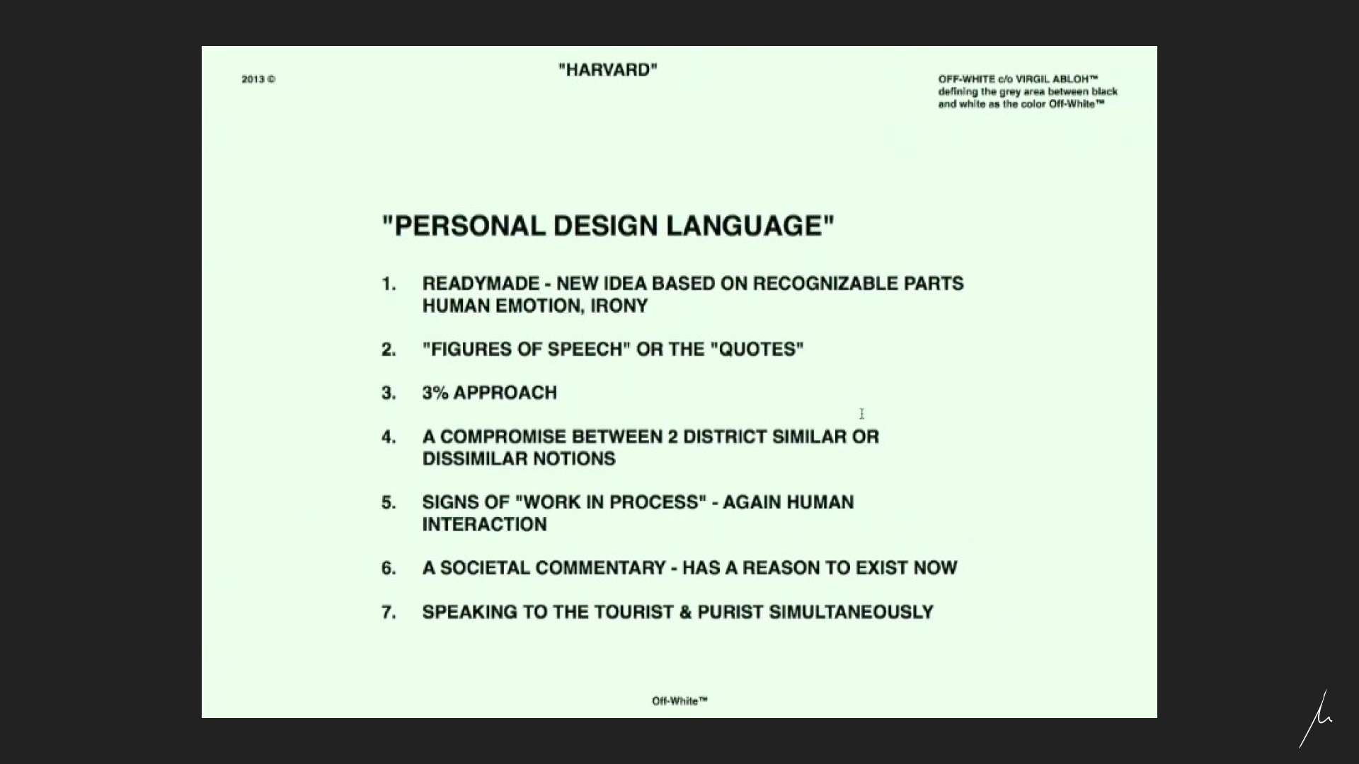 Virgil Abloh's "Personal Design Language" slide from his lecture at the Harvard Graduate School of Design.