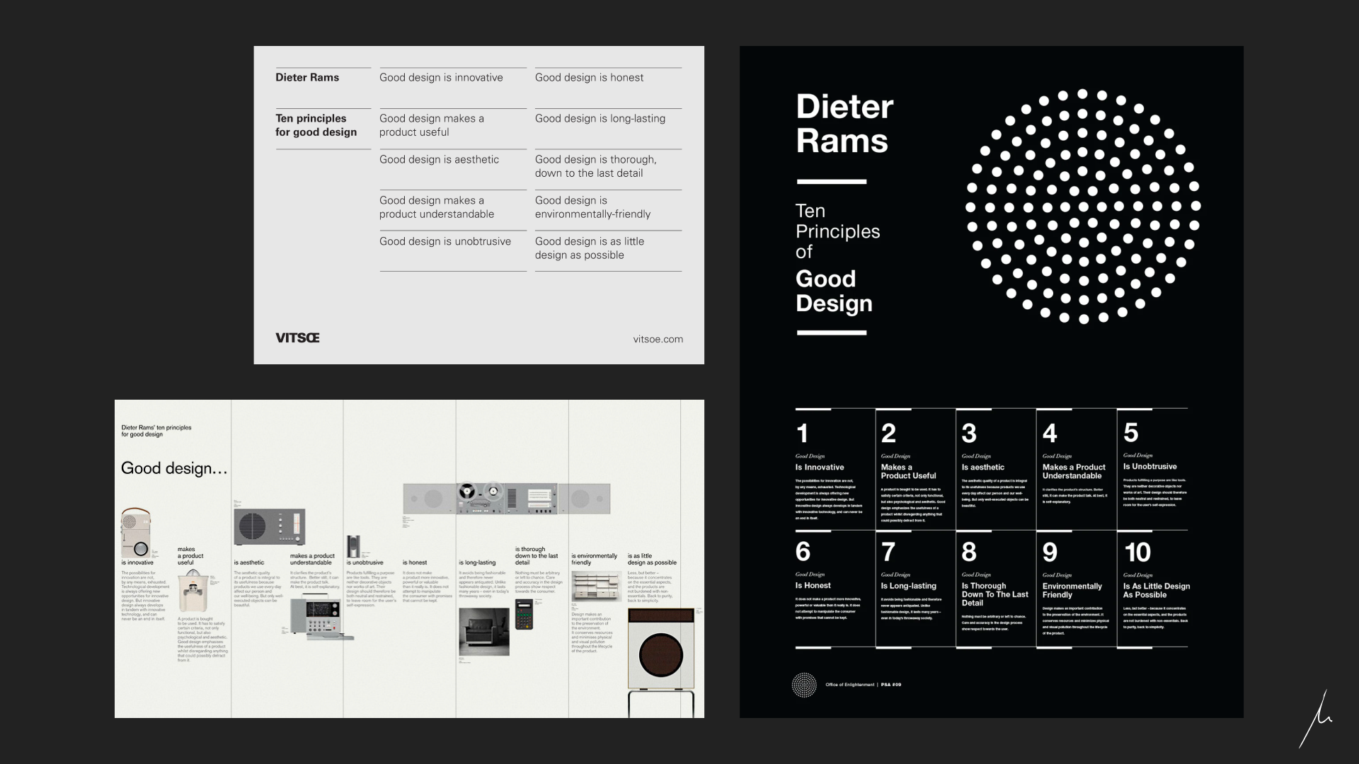 Infographic and poster interpretations of Dieter Rams' Principles for Good Design (sources, clockwise from top left: Vitsœ, Maisey Design, Ply).
