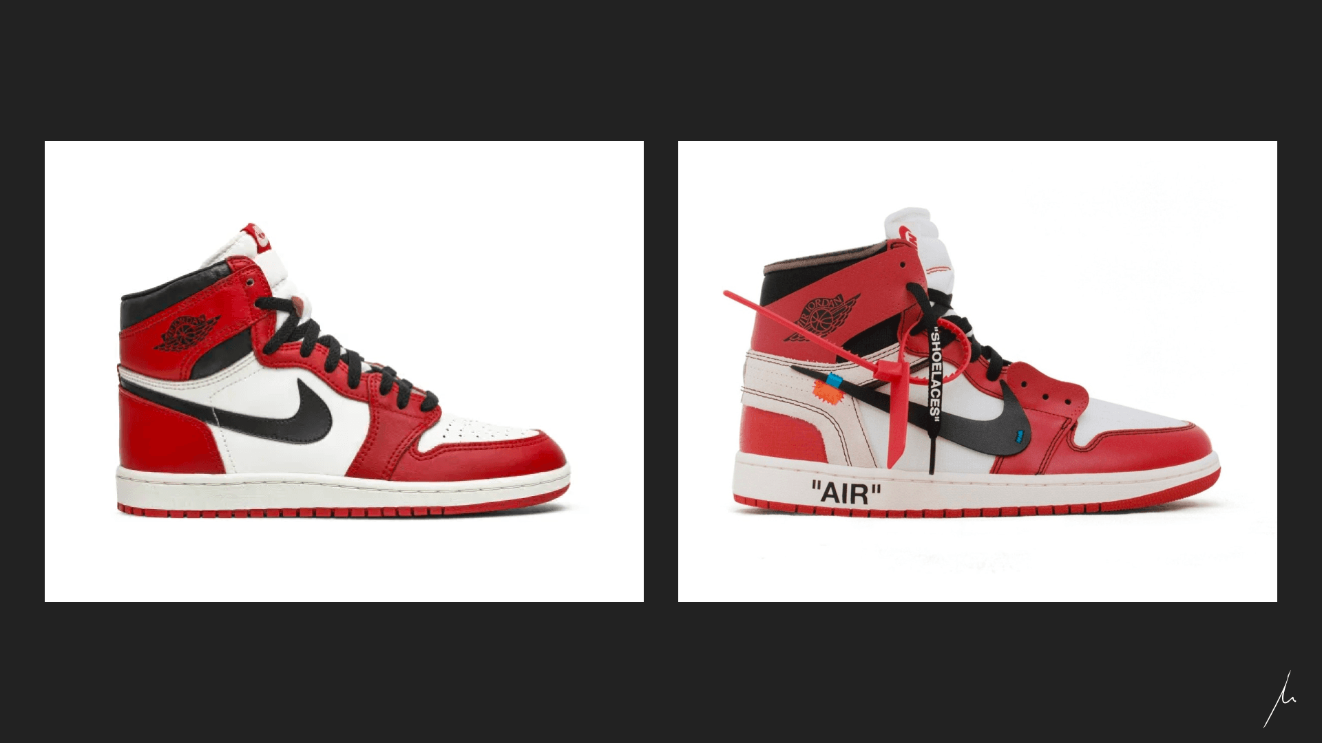 Original Air Jordan 1 vs. Abloh's "3%" changes, most notably the "figures of speech".